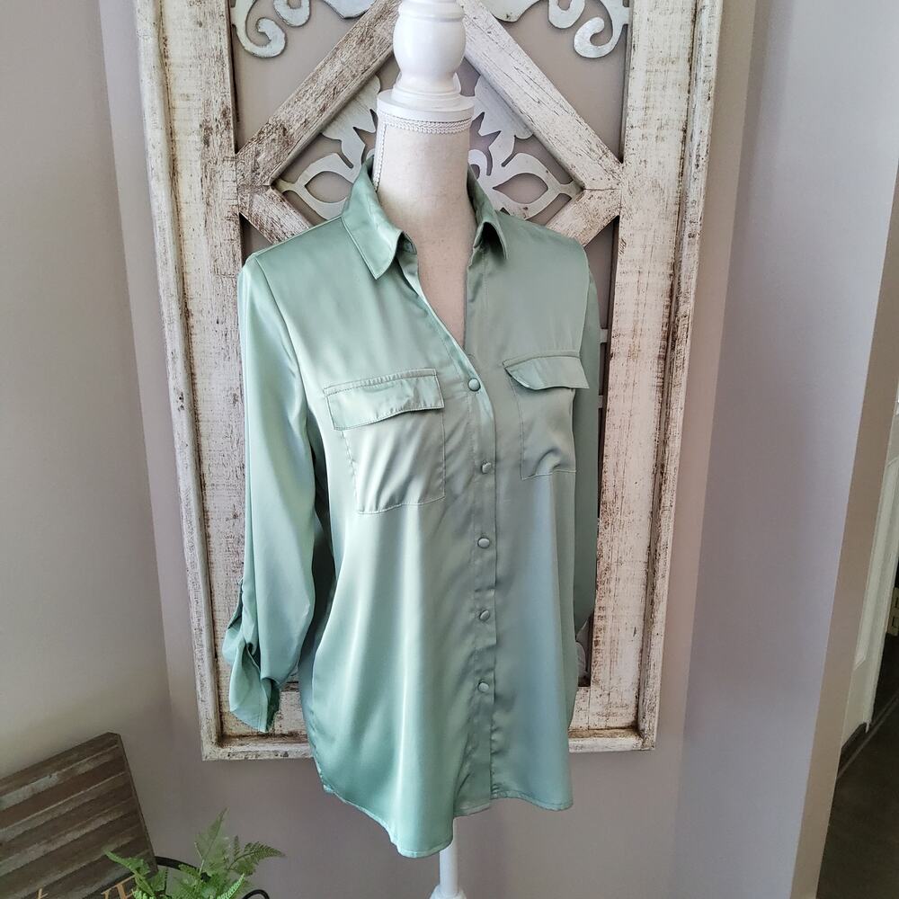 Notations Roll Tab Sleeve Collar Button Down Pocket Satin Blouse Sage Green